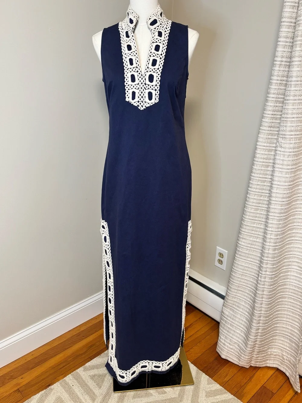 Sail to Sable Navy Maxi Dress White Crochet Trim Sleeveless Resort Dress Small - Picture 3 of 9